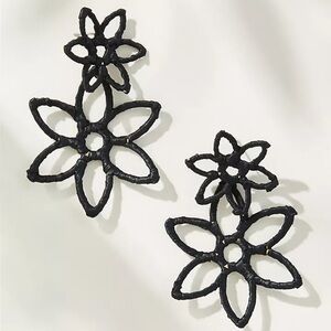 NWT Anthropologie Double Raffia Flower Drop Earrings in Black